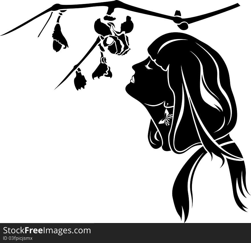 Female profile with branch with flowers stencil