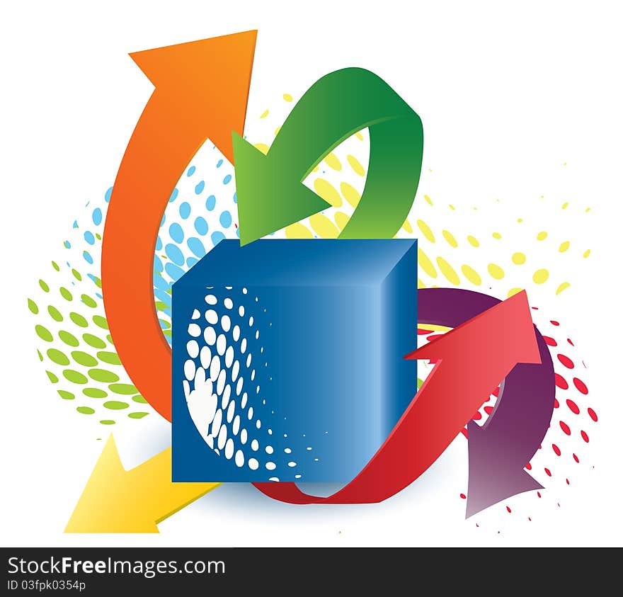 Illustration with blue cube and green, yellow, red, orange arrow, sign on white background and yellow oval