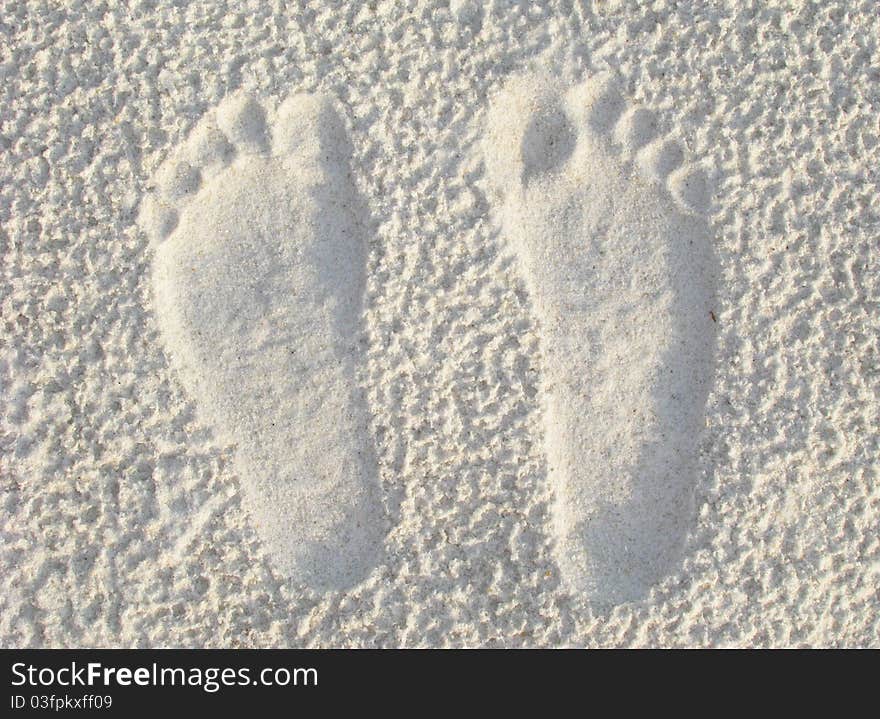 Footprints in the sand after a summer rain. Horizontal shot.