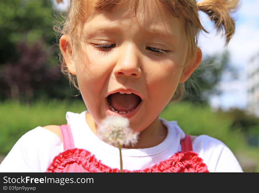 Beautiful girl blowing a dandelion