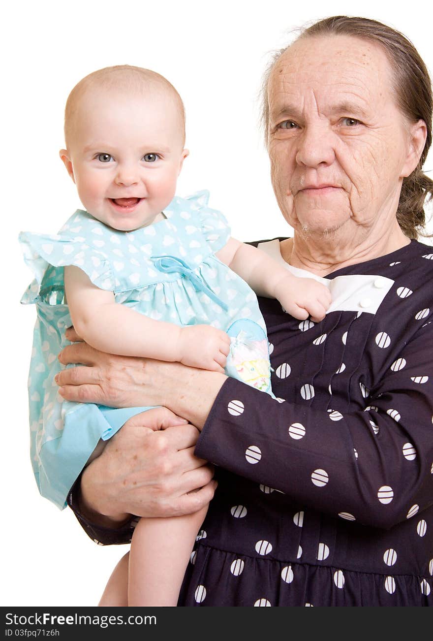 Grandma with the baby on a white background