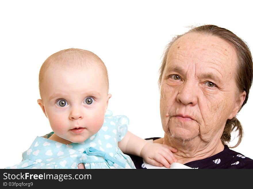 Grandma with the baby on a white background