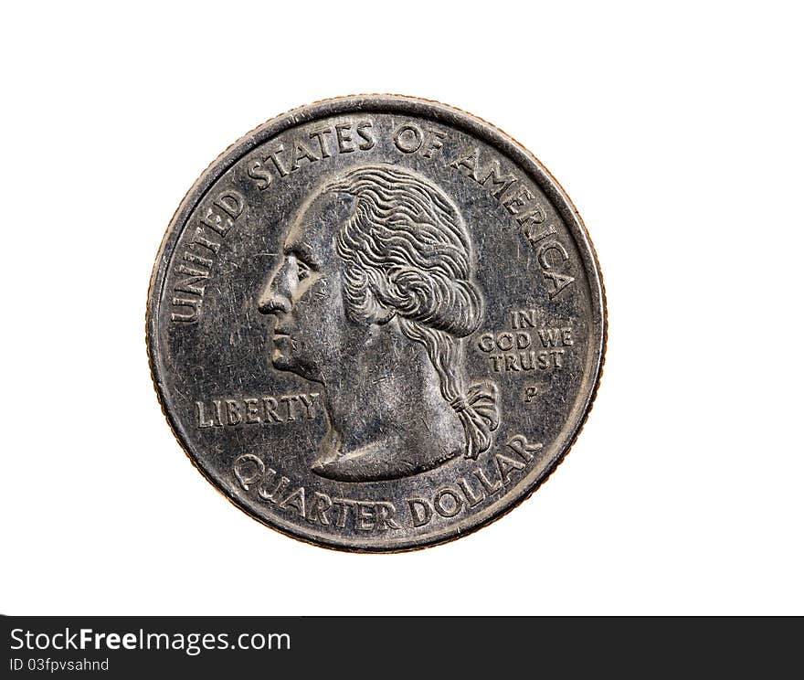 Coin in 25 American cents (isolated, closeup)