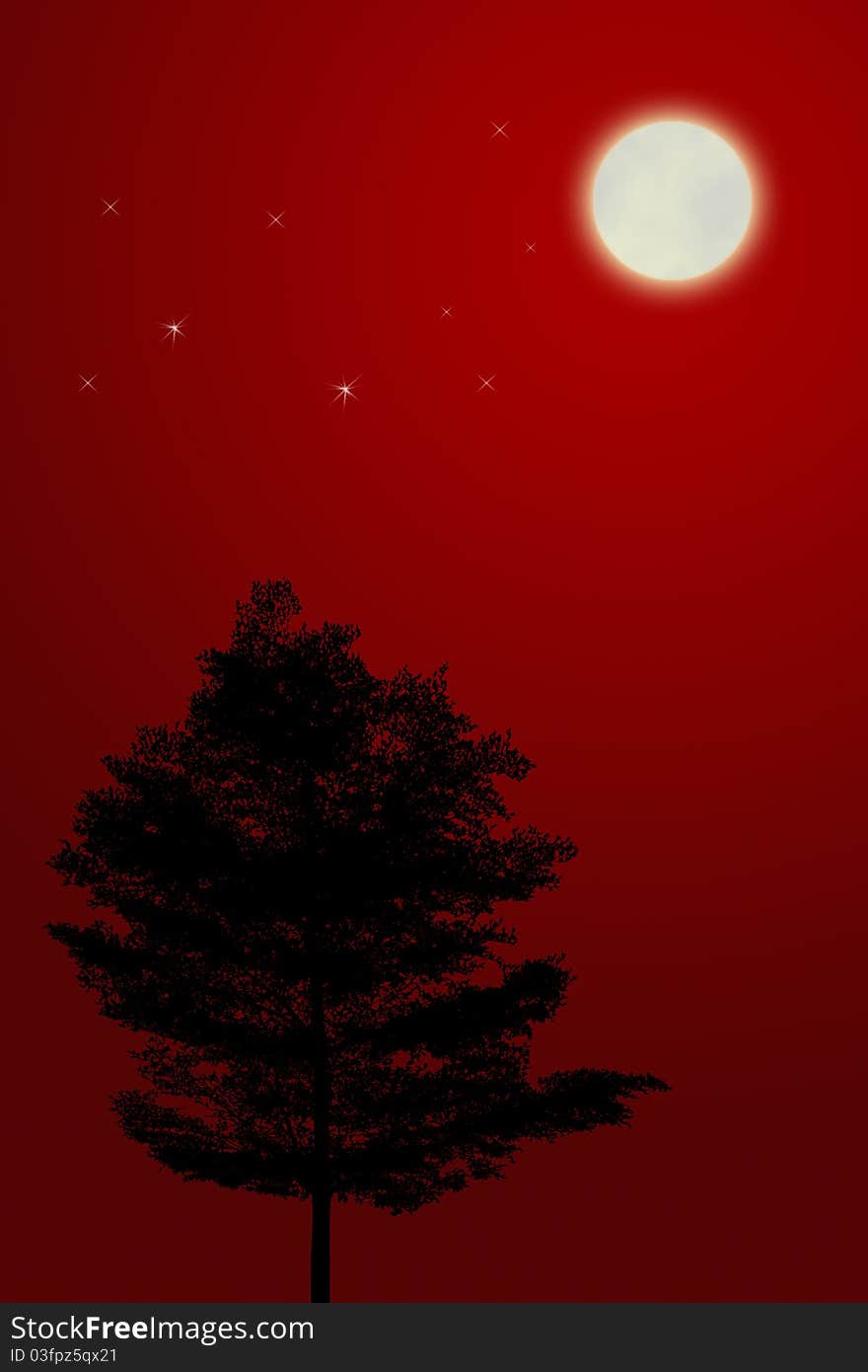 Silhouette of trees with Moon and stars