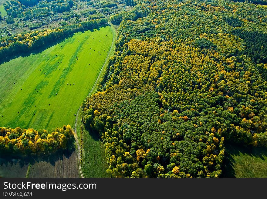 Aerial photography - under the wing of the aircraft visible autumn fields and woods. Aerial photography - under the wing of the aircraft visible autumn fields and woods