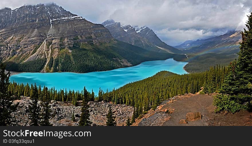 This photograph was taken in a national park in West-Canada. It's Peyto lake, one of the most photographed lakes in the world and is famous for it's blue color. This photograph was taken in a national park in West-Canada. It's Peyto lake, one of the most photographed lakes in the world and is famous for it's blue color