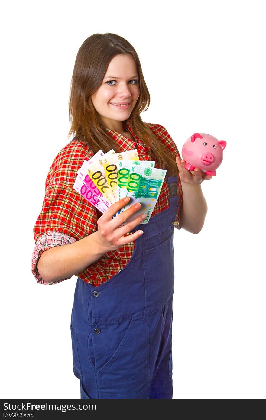 Young friendly craftswoman with euro banknotes isolated on white background