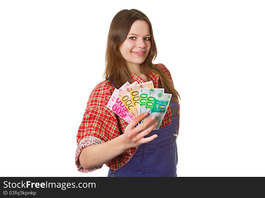 Craftswoman with euro banknotes