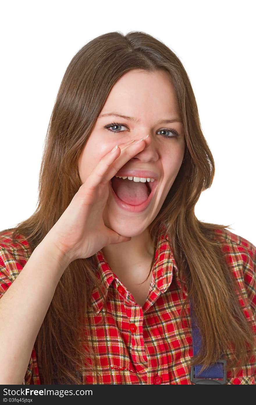 Screaming young woman isolated on white background