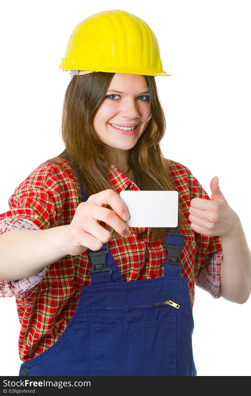 Young friendly craftswoman with businesscard  isolated on white background