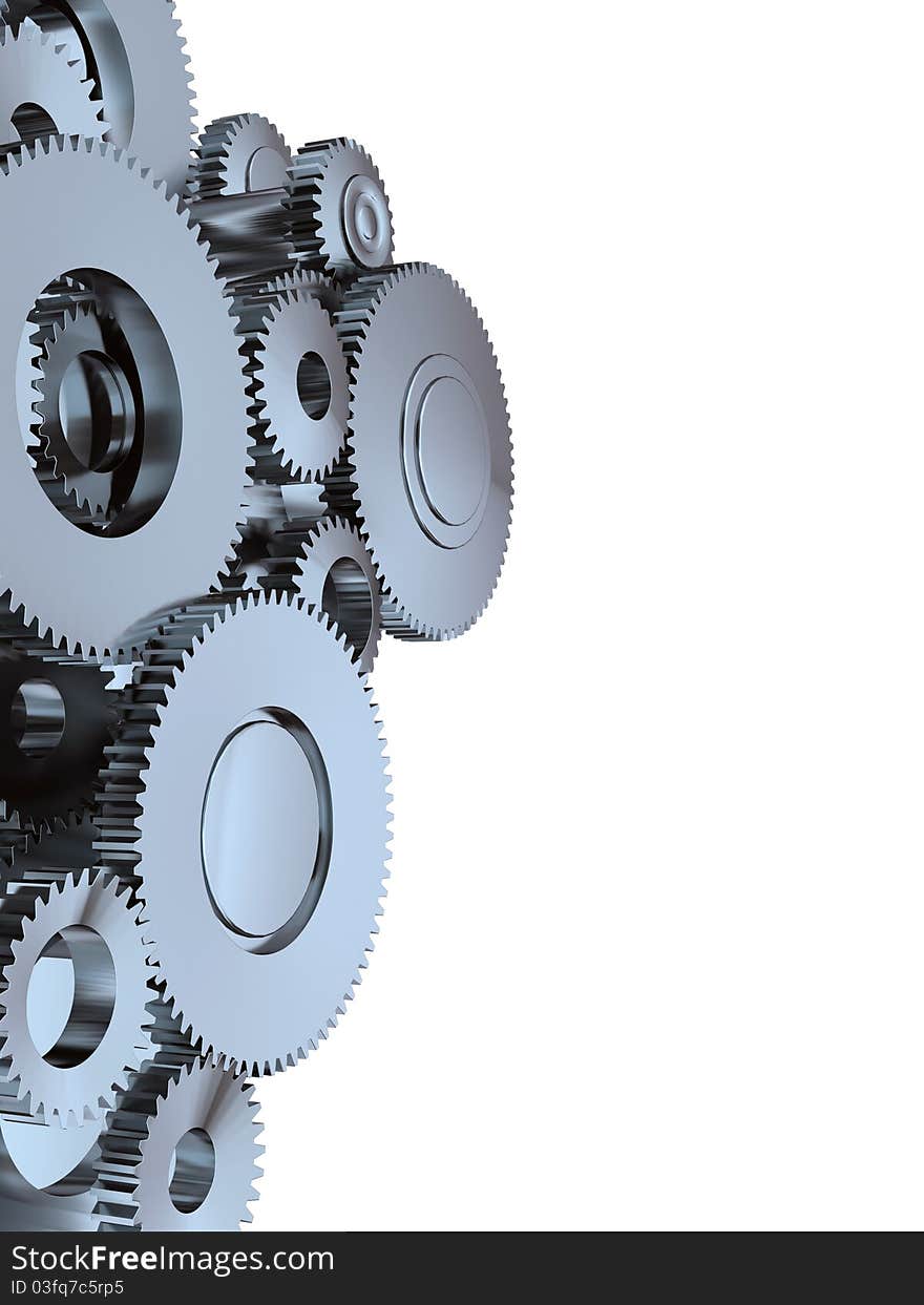 Very high resolution 3D render of an gear made of metal isolated over white.