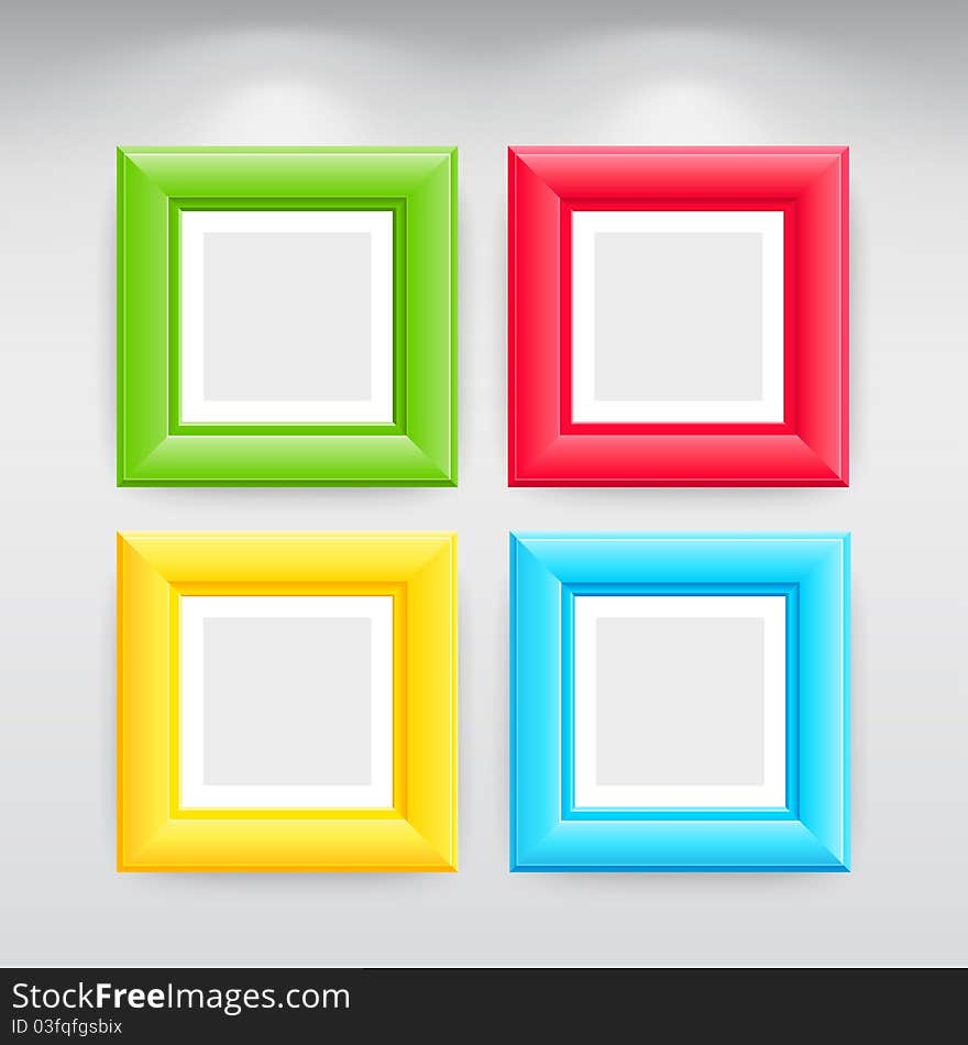 Gallery Interior with empty colorful frames on wall