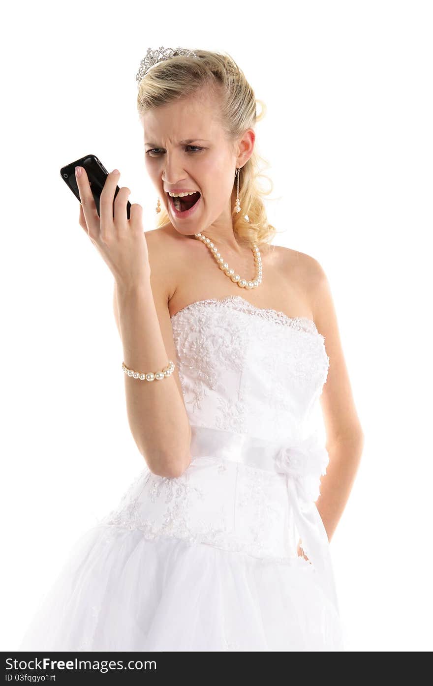 Dissatisfied bride with mobile phone