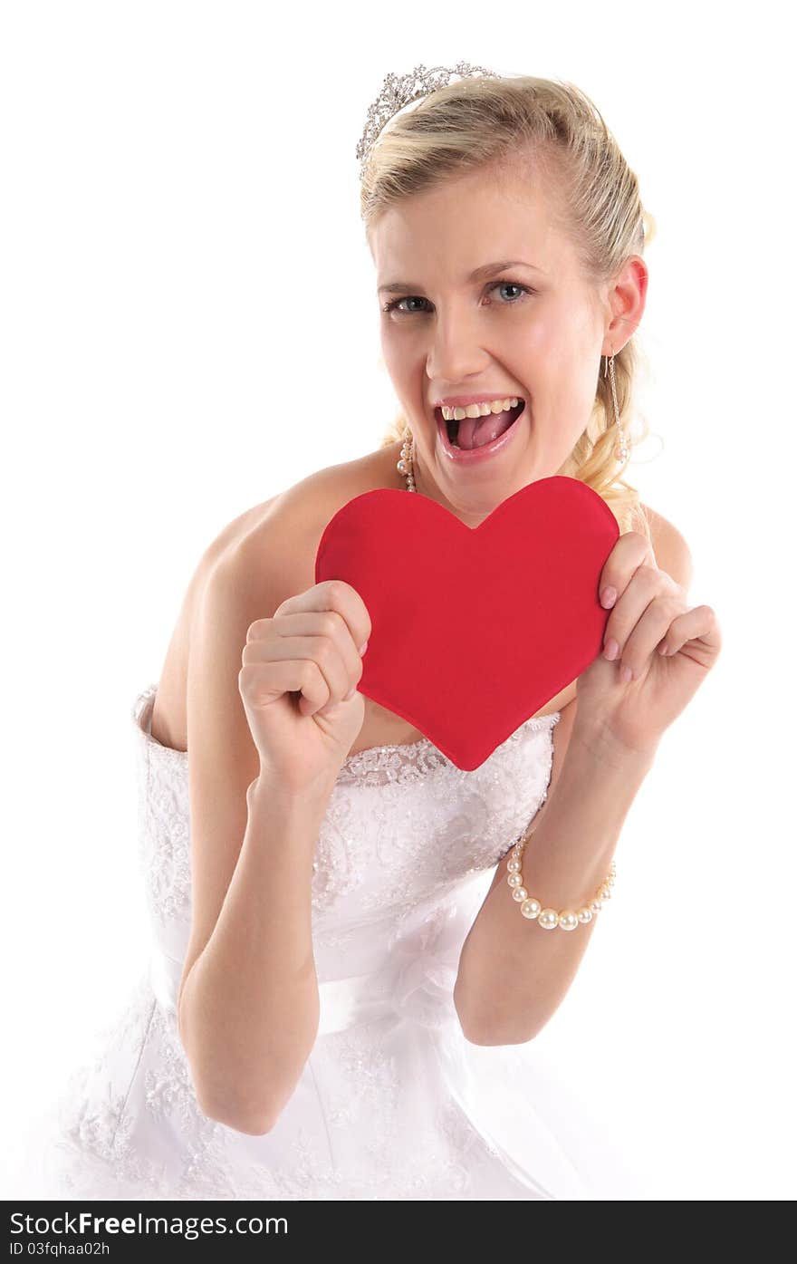 Happy bride with symbol of the heart isolated on white