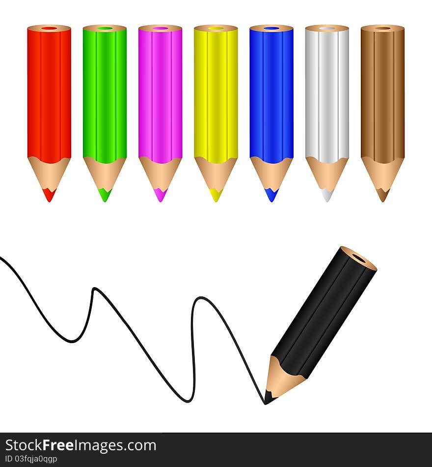 Multicolored pencils on a white background. The black pencil draws a line. Multicolored pencils on a white background. The black pencil draws a line.