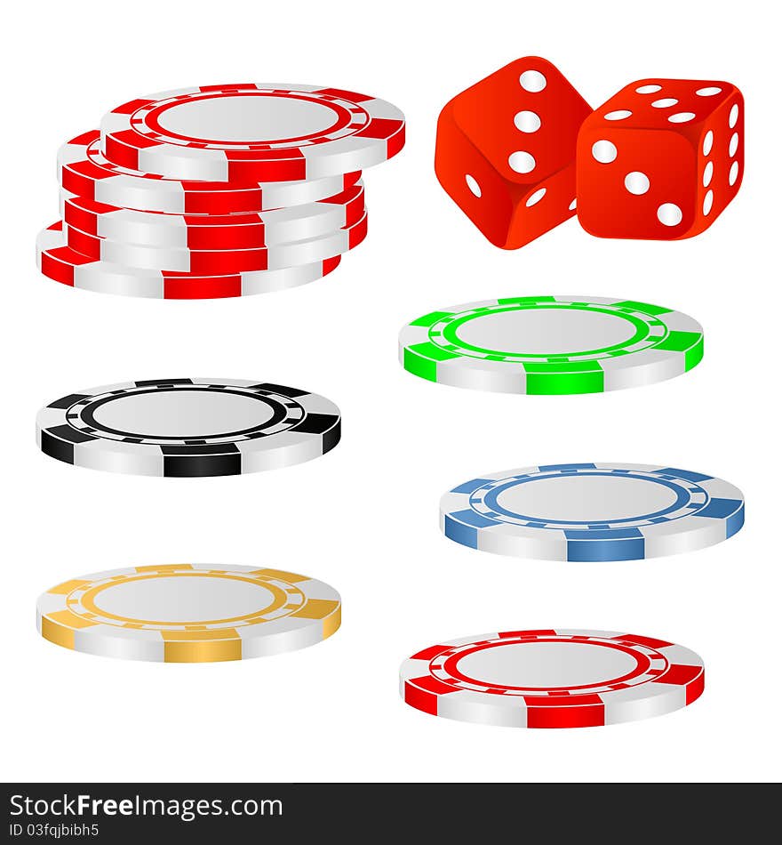 Casino chips and dice on a white background. Casino chips and dice on a white background.