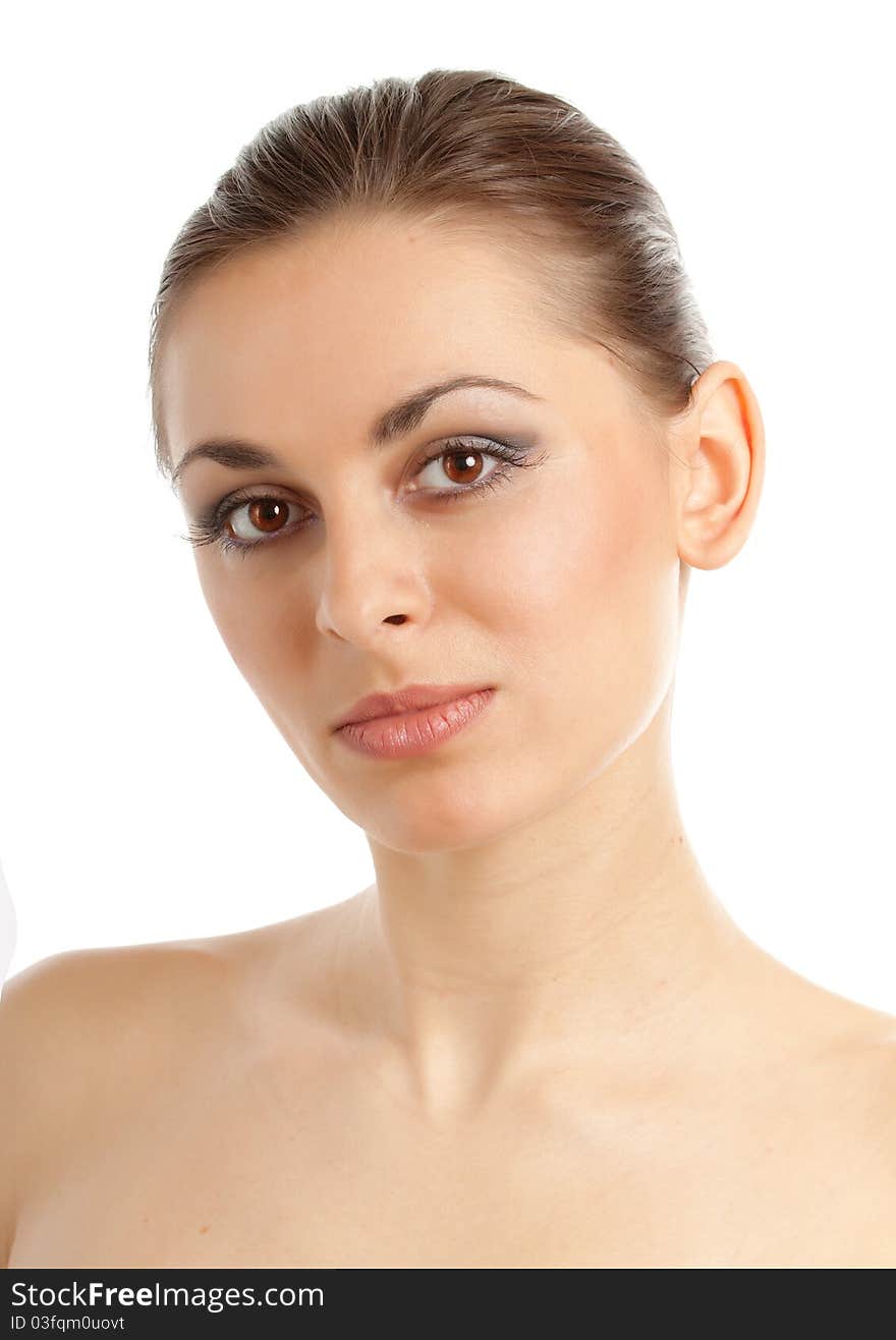 Brunette girl looking at camera, isolated on a white