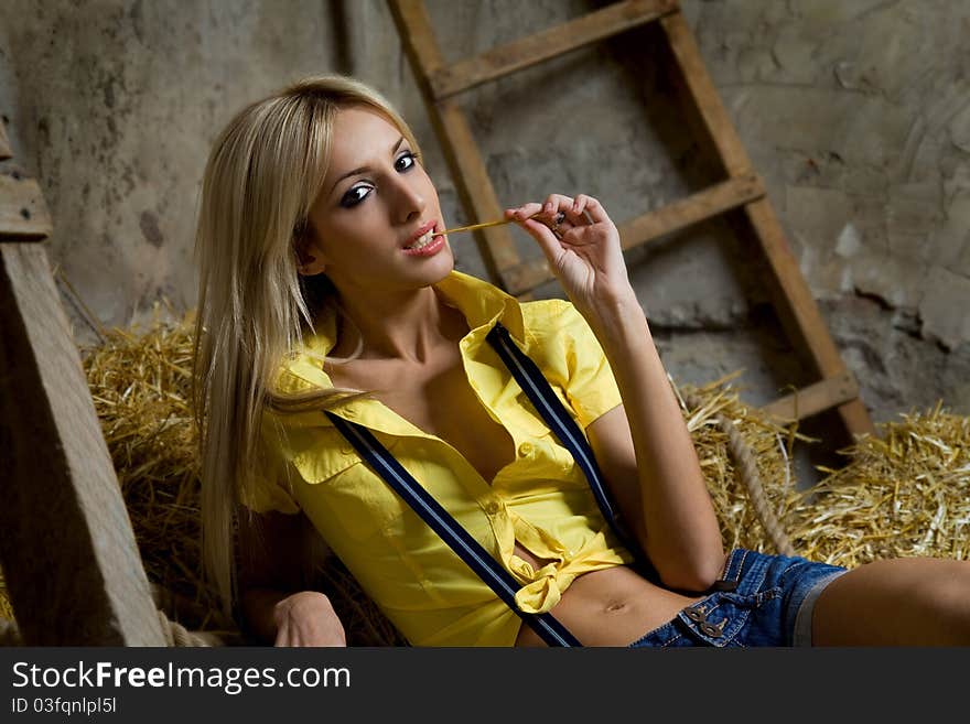 Beautiful  woman on hay