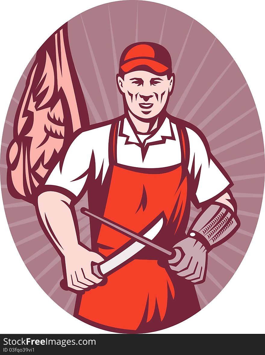 Illustration of a meat butcher with knife and sharpener done in retro style set inside a circle with sunburst. Illustration of a meat butcher with knife and sharpener done in retro style set inside a circle with sunburst