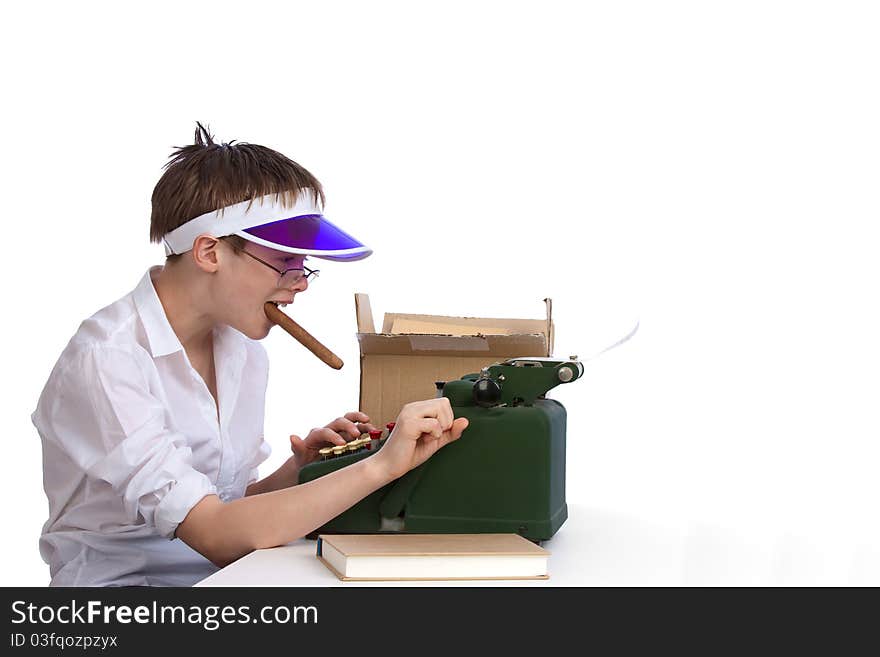 Young Boy With Old Adding Machine And Cigar