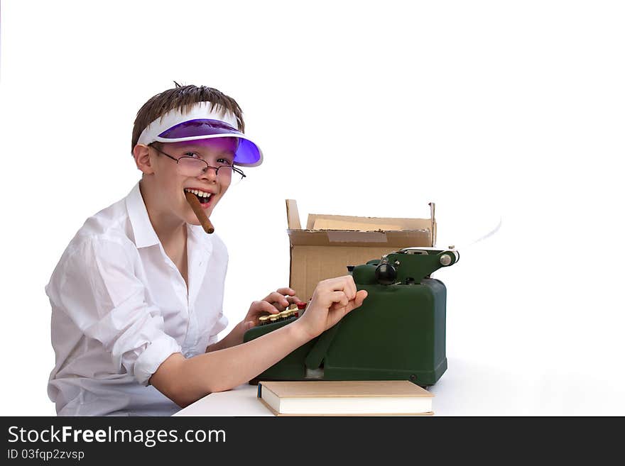 Young boy with old adding machine and cigar