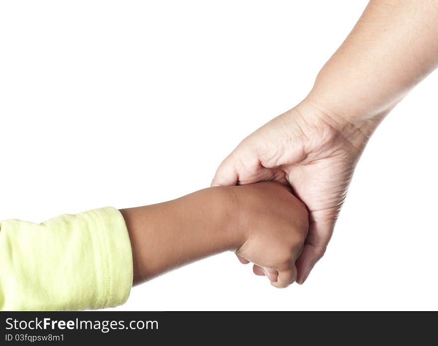 Mother and child hold by hands on a white background. Mother and child hold by hands on a white background