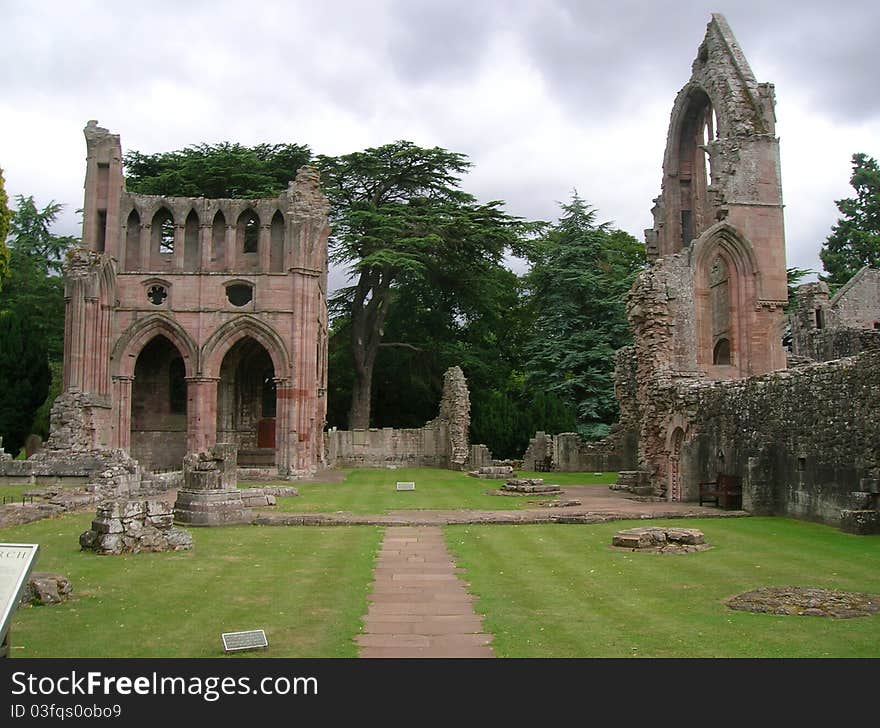 Ruins of dryburgh abbey. This is one of many abbeys built in the medieval age that can be found at the scottish boundaries with the north of england. Legends says that under these ruins there's Walter Scott's tomb