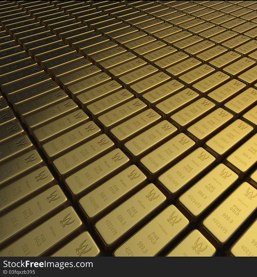 Gold bullion as extensive array of ingots on a background with dramatic lighting. Gold bullion as extensive array of ingots on a background with dramatic lighting