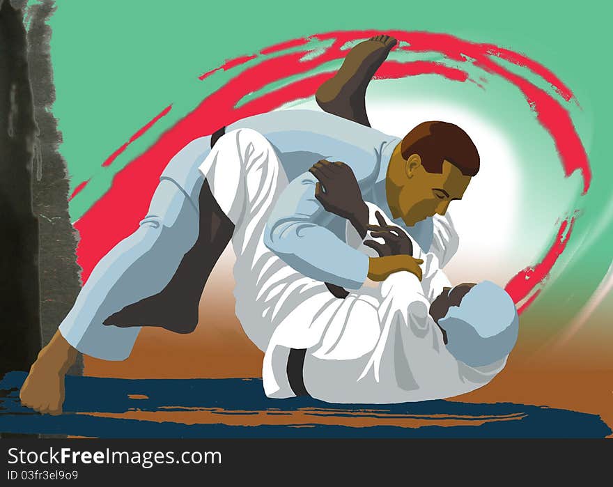 Two judo competitors with graphic background. Two judo competitors with graphic background