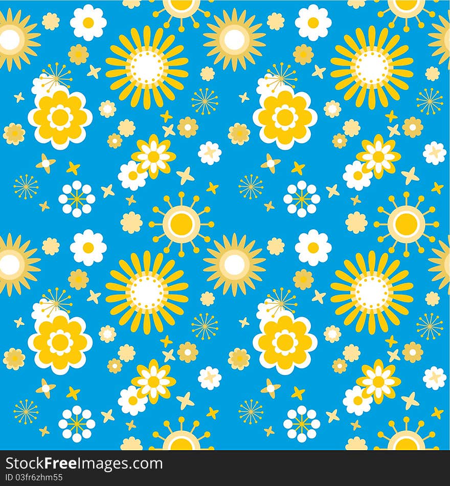 Seamless floral pattern with bright flowers at blue background. Seamless floral pattern with bright flowers at blue background