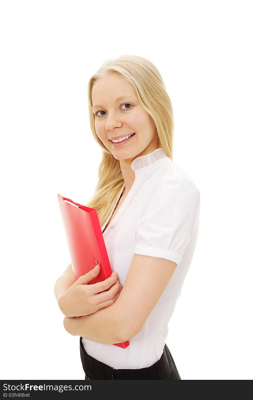 Smiling success blonde business woman standing and holding red folder. Smiling success blonde business woman standing and holding red folder.