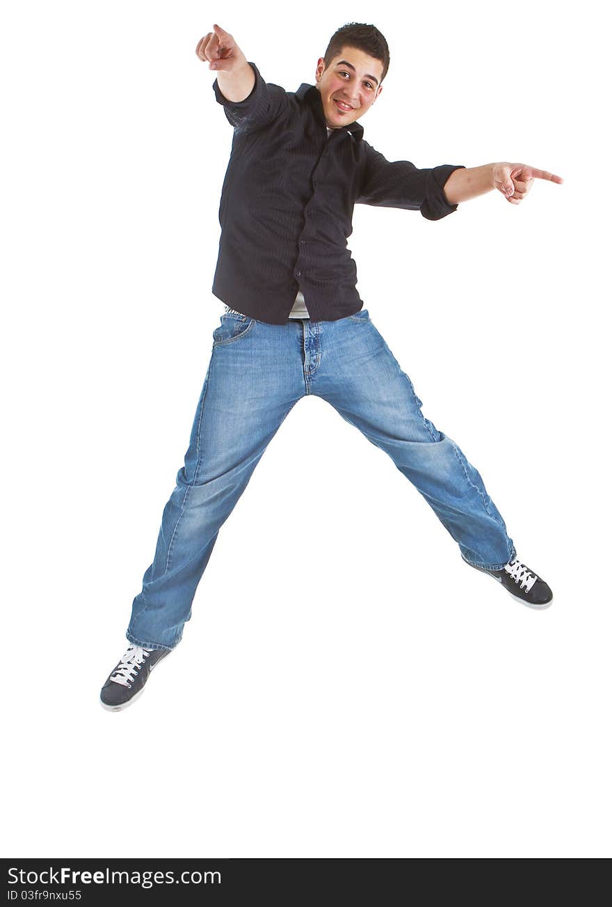 Young caucasian boy jumping in joy. Isolated over white background. Young caucasian boy jumping in joy. Isolated over white background.