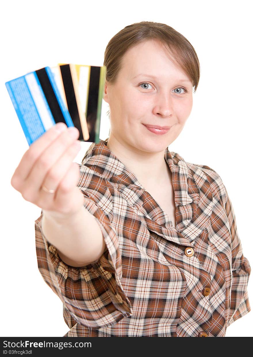 Girl with a debit card in hand