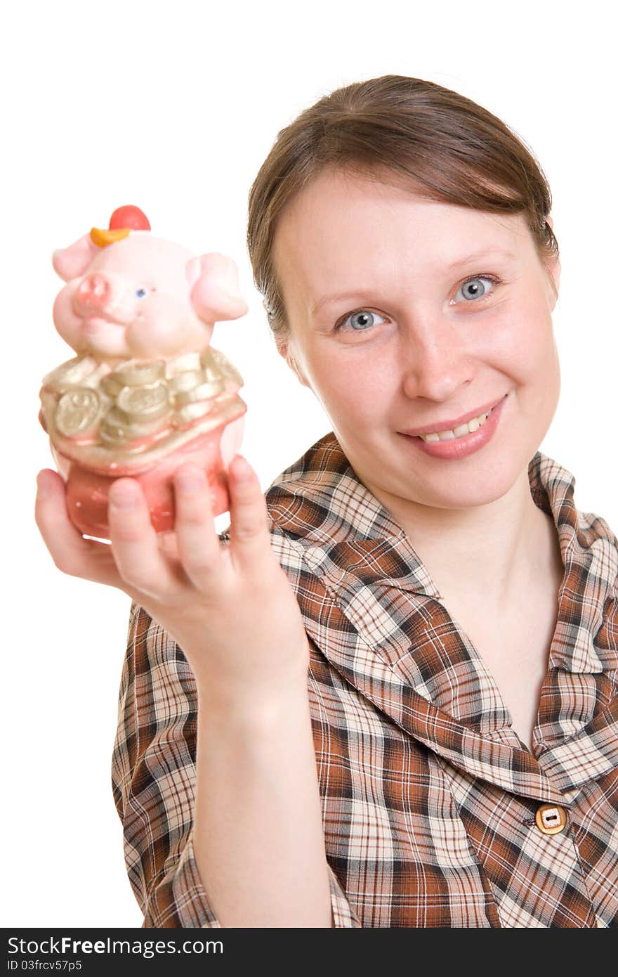 Woman with piggy bank on white background.