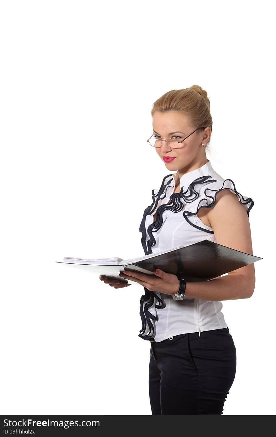 Young blond businesswoman read a document in a folder