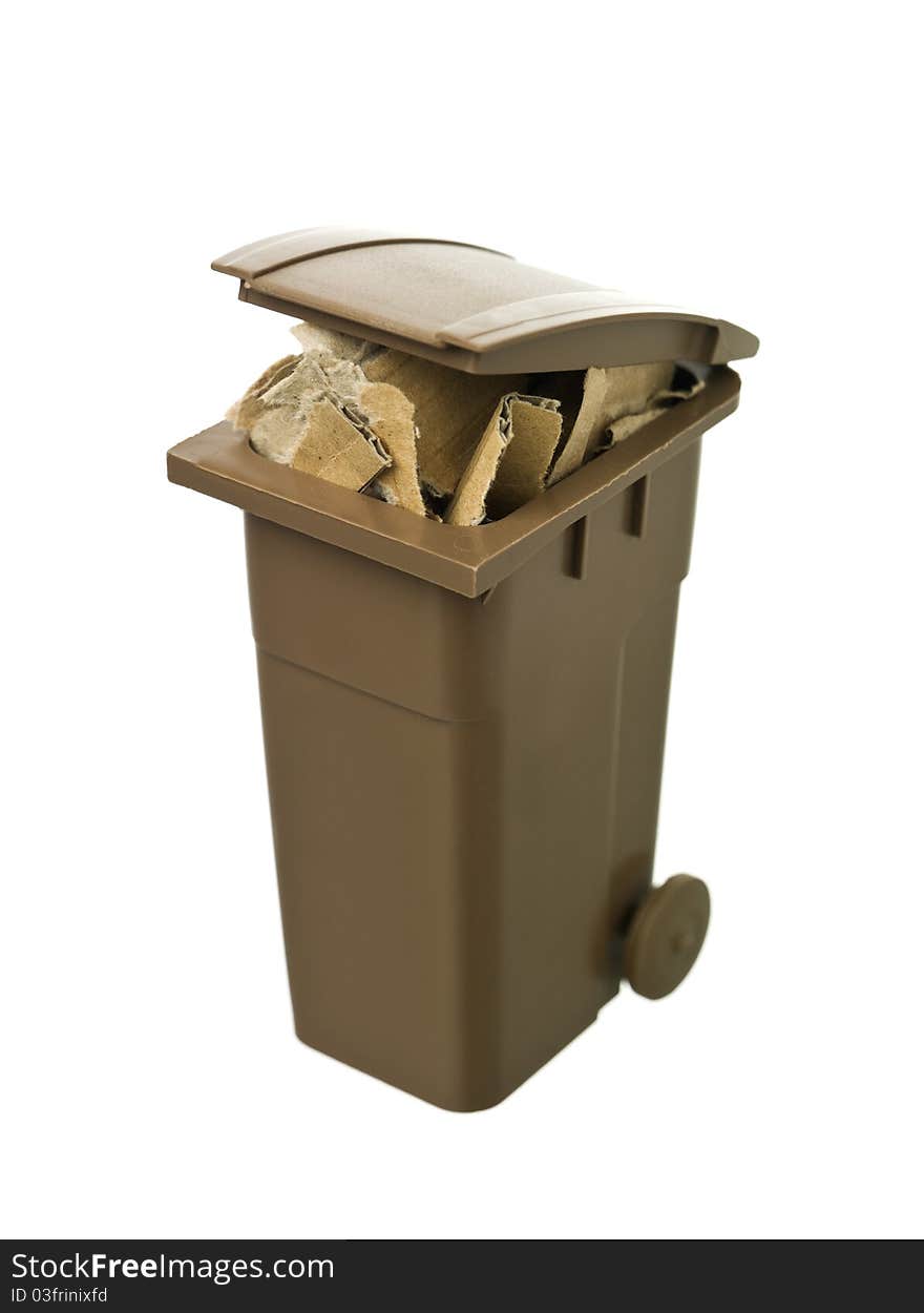 Recycling bin with cardboard paper isolated on white background