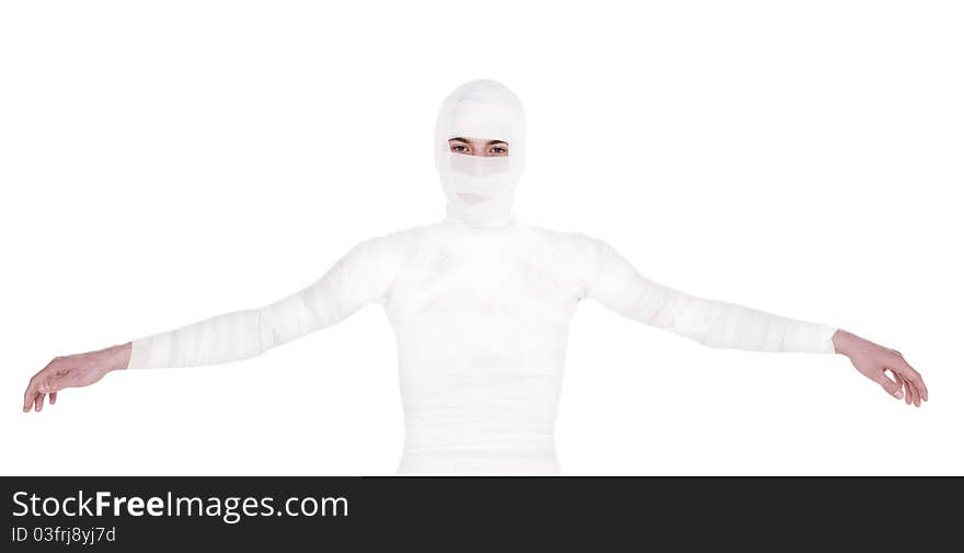 Mummified young Man isolated on white background