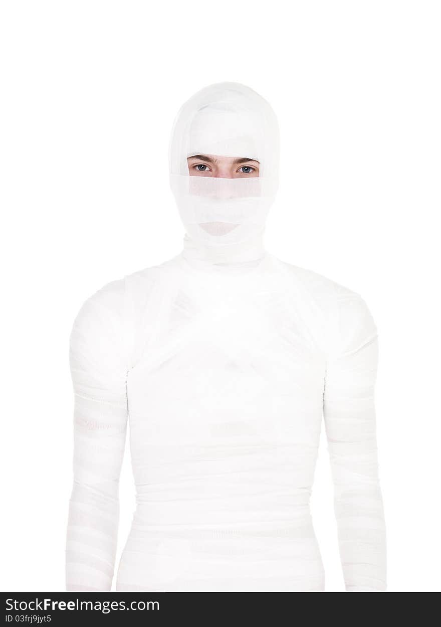 Mummified young Man isolated on white background