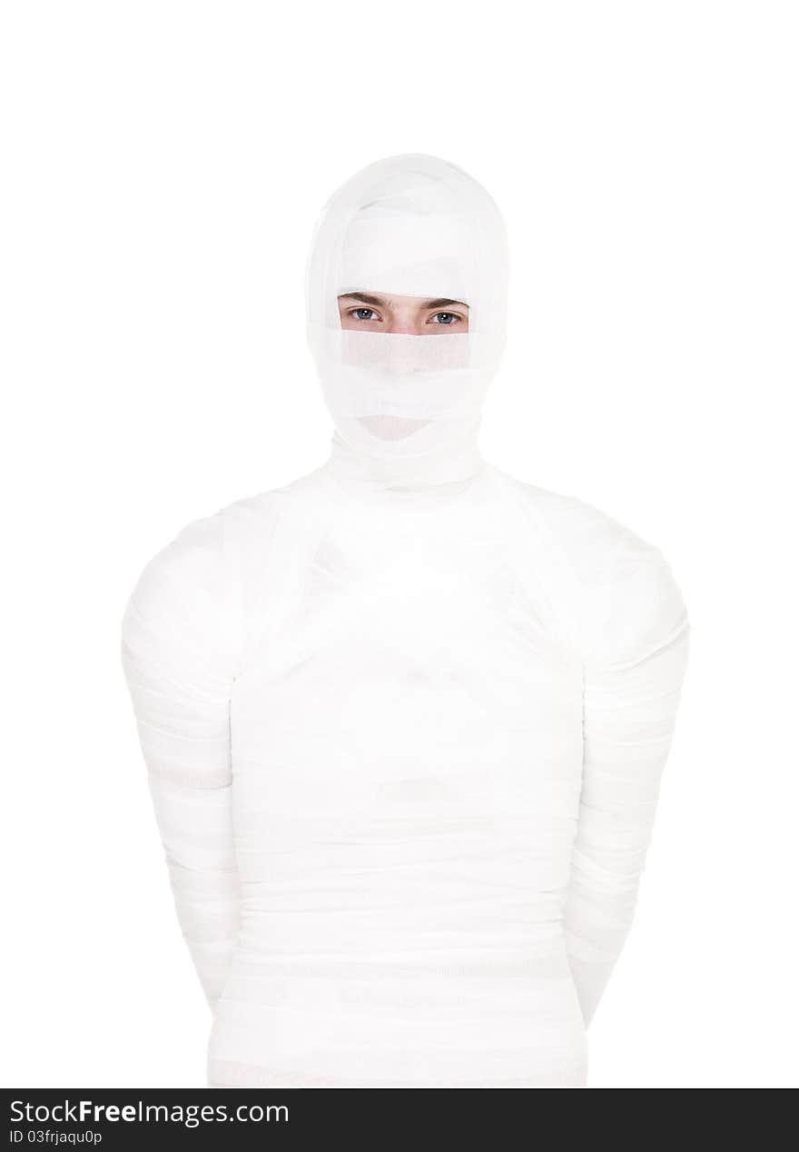 Mummified young Man isolated on white background