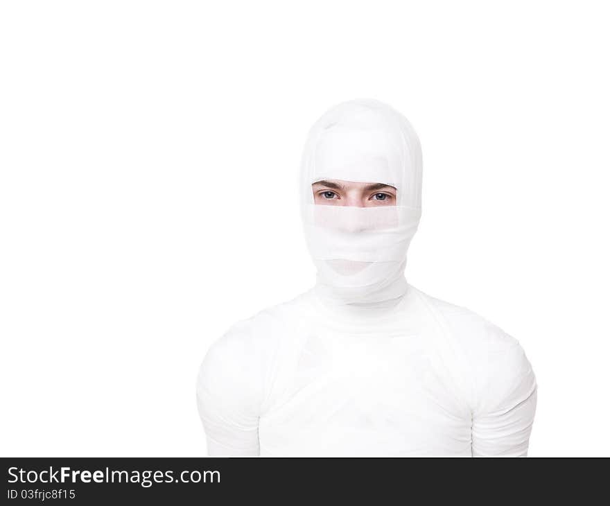 Mummified young Man isolated on white background