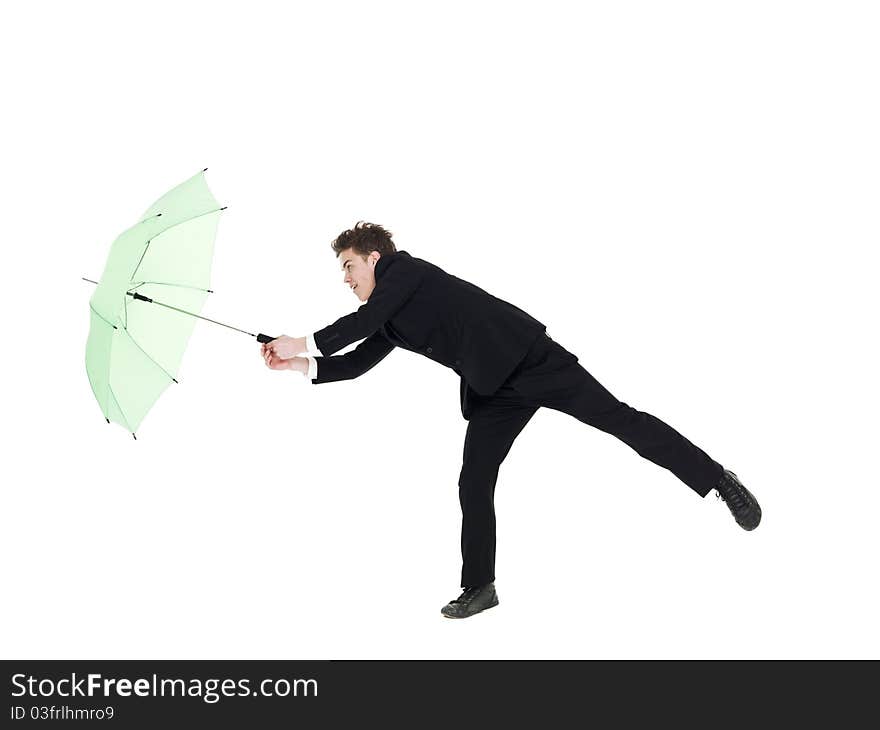 Young man with umbrella isolated on white background