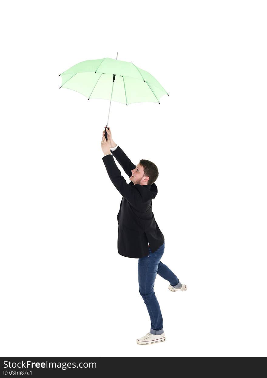 Young man with umbrella isolated on white background