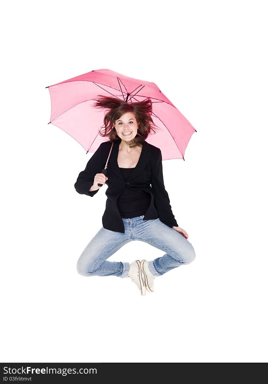 Jumping woman with umbrella