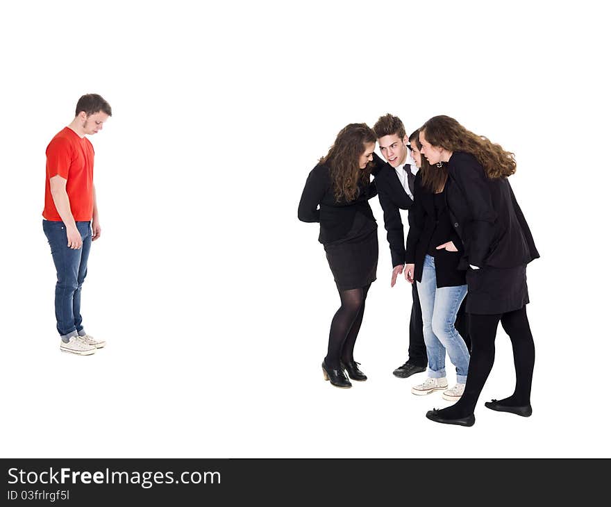 Young men rejected from the group isolated on white background. Young men rejected from the group isolated on white background