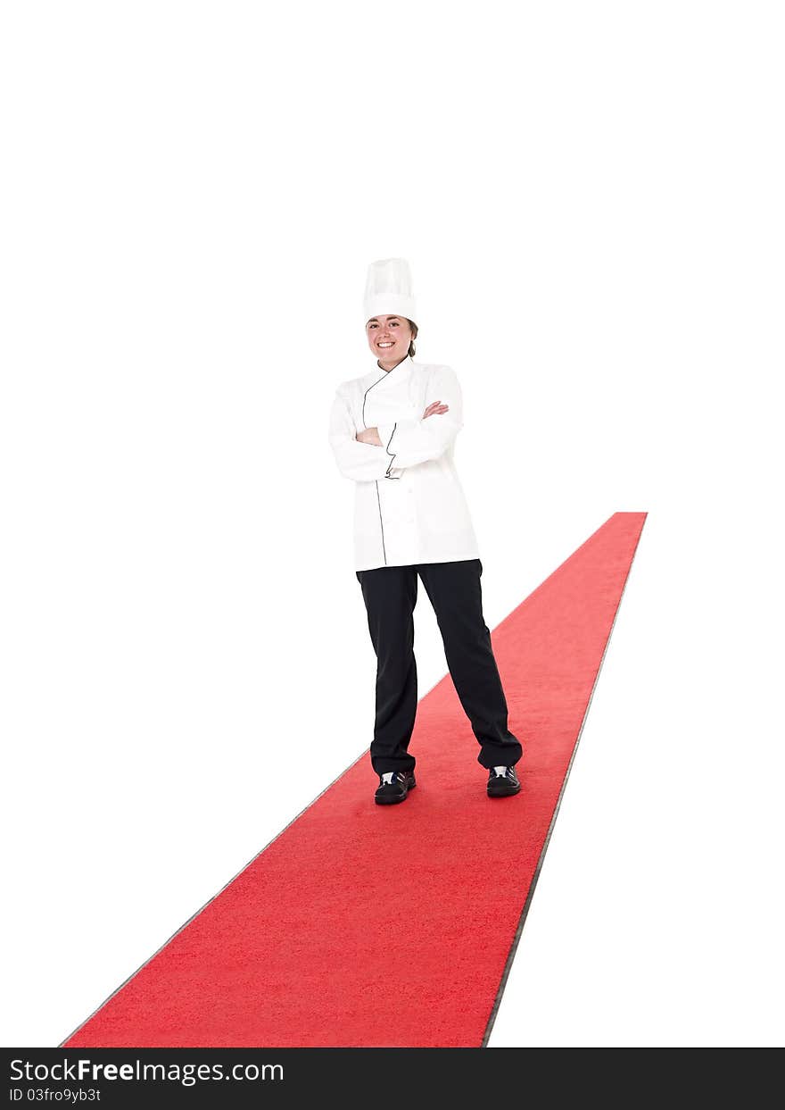 Chef standing on a red carpet isolted on white background. Chef standing on a red carpet isolted on white background