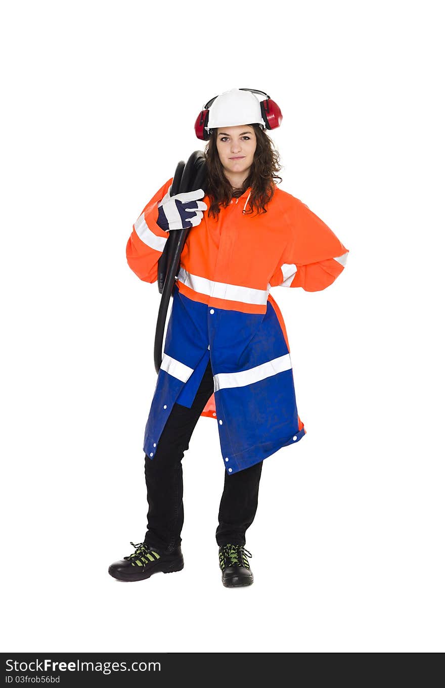 Female Constructionworker isolated on white background