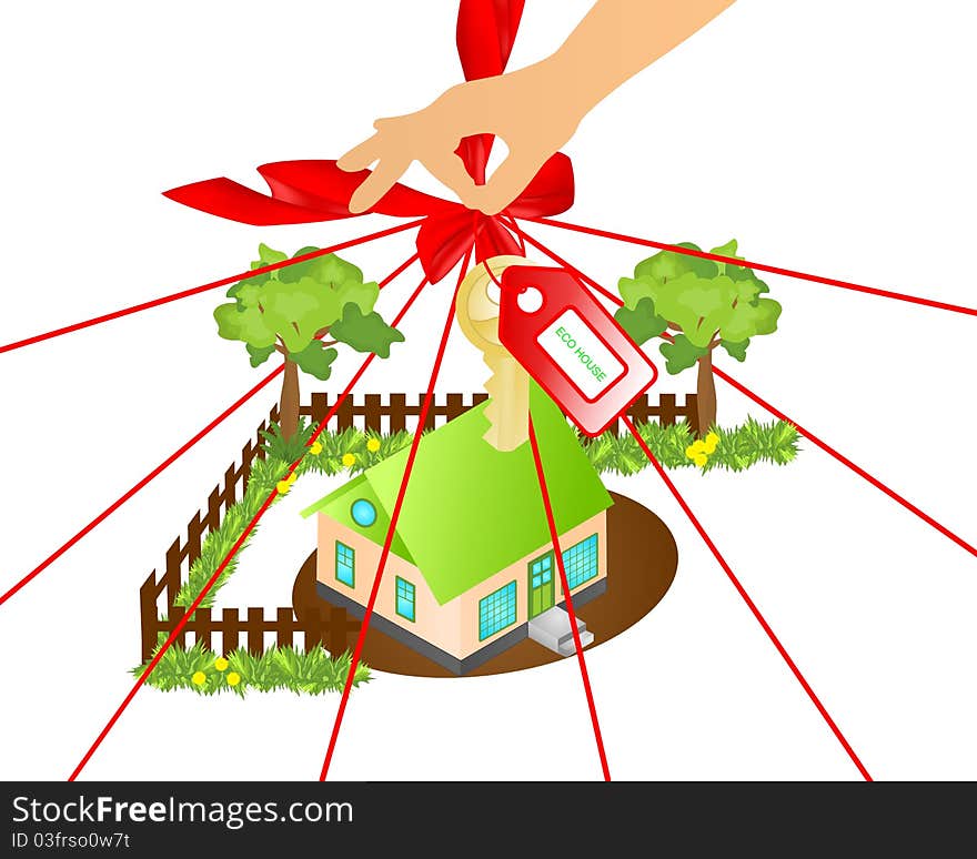 Hand giving an ecological house wrapped in red ribbons with tag and golden key, vector format. Hand giving an ecological house wrapped in red ribbons with tag and golden key, vector format