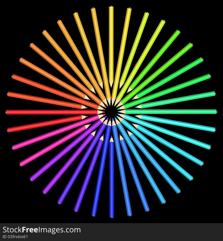 Coloured pencils arranged in a circle. Rainbow spectrum on a black background. Diffraction of light.