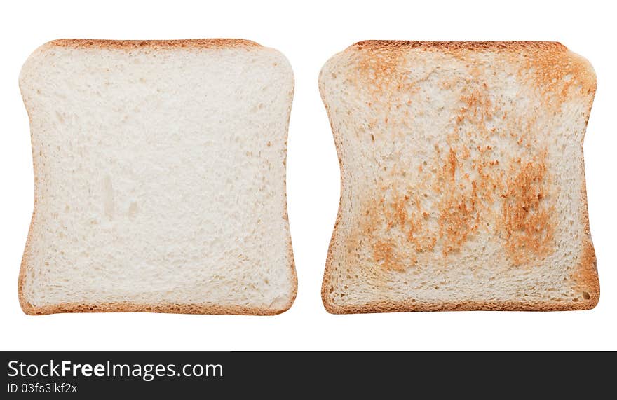 Blank toast slices on is toasted and one untoasted. Blank toast slices on is toasted and one untoasted