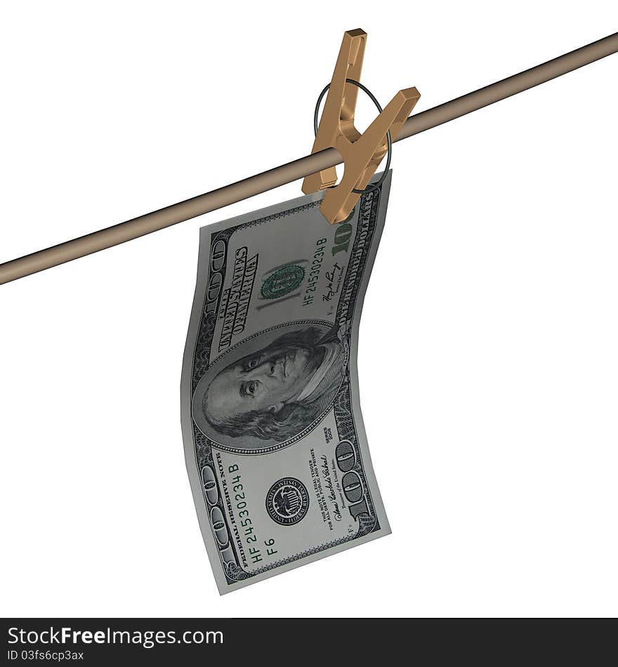 3d dollar is hanging on a wooden clothespin